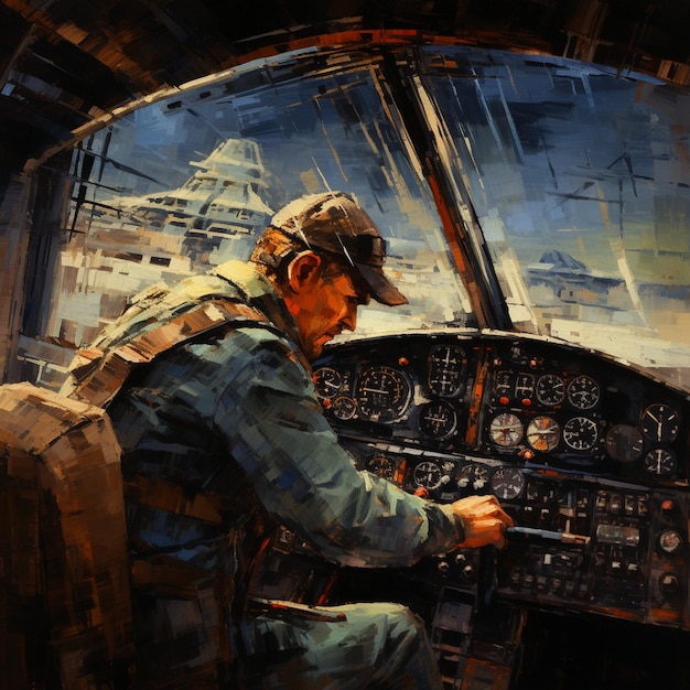 a painting of a pilot in the cockpit of a plane.