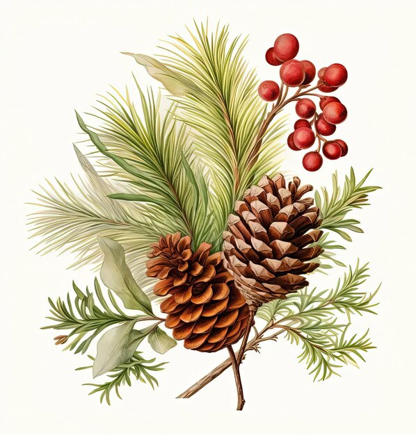 A painting of a pine cone and a branch with berries