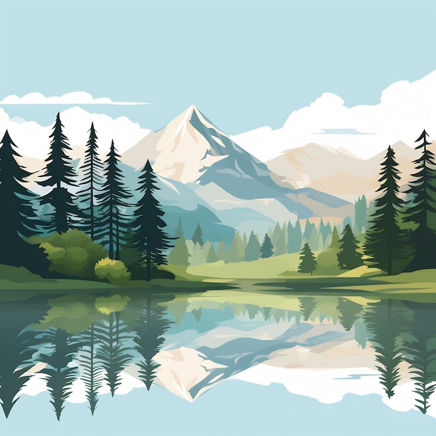 a painting of pine trees and mountains with a lake in the background