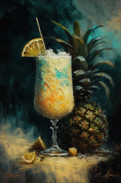 painting of a pineapple and a cocktail glass with a slice of lemon generative ai