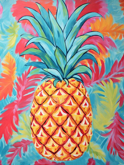 painting of a pineapple on a colorful background with flowers generative ai