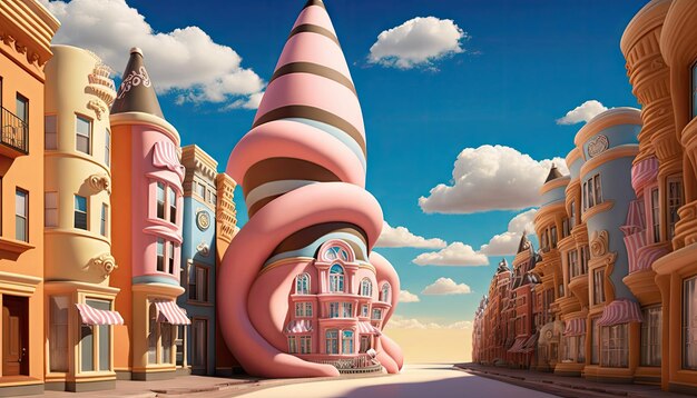 A painting of a pink building with a large cone on the top.