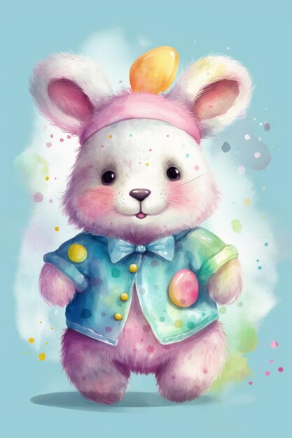 Painting of a pink bunny with a blue jacket and a yellow hat generative ai