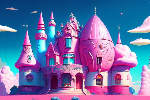 A painting of a pink castle surrounded by clouds