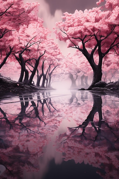 a painting of pink cherry blossoms with reflection in water.