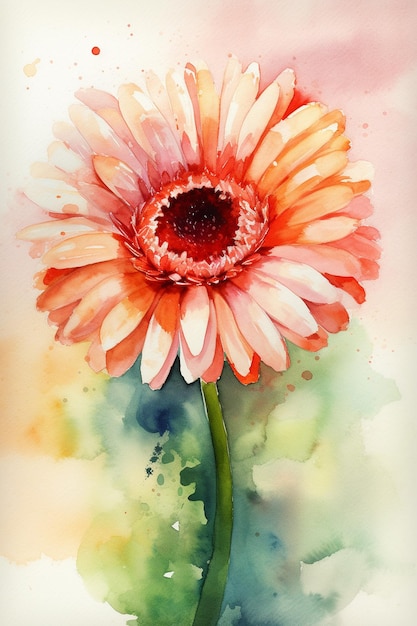 Painting of a pink daisy with a green stem.