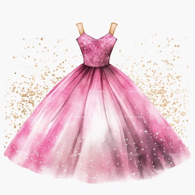 a painting of a pink dress with gold glitters on it generative ai