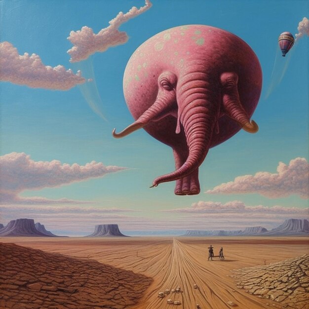 空に熱気球を乗せたピンクの象の絵。