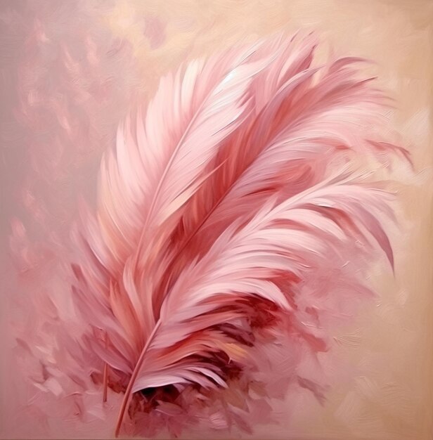 Painting of a pink feather on a beige background generative ai