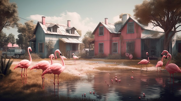 A painting of a pink flamingo in front of a house