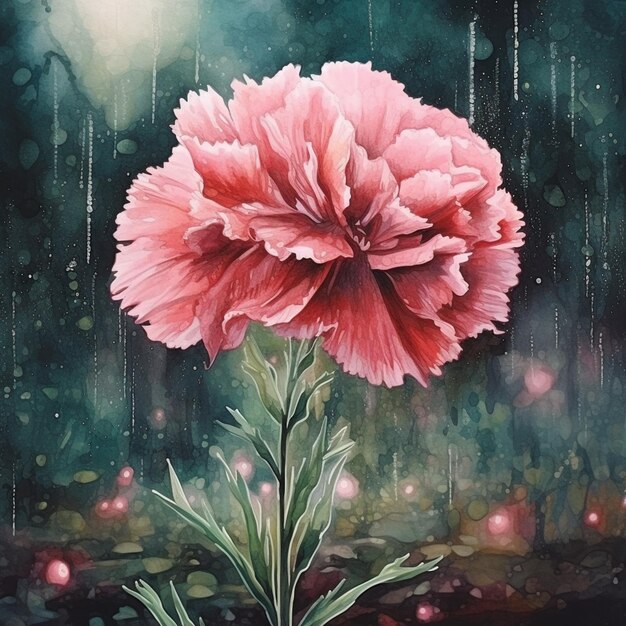 Painting of a pink flower in the rain with a green background generative ai