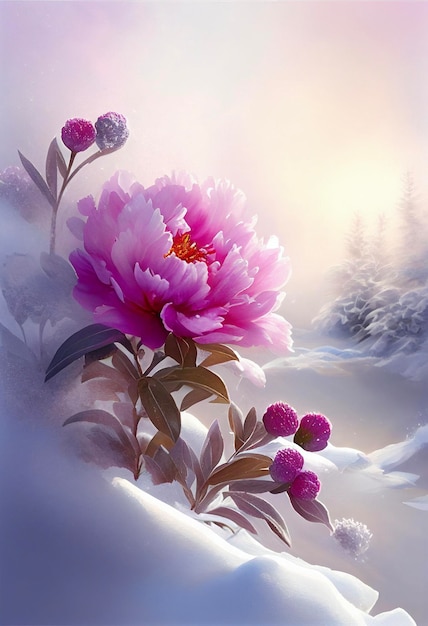 Painting of a pink flower in the snow generative ai