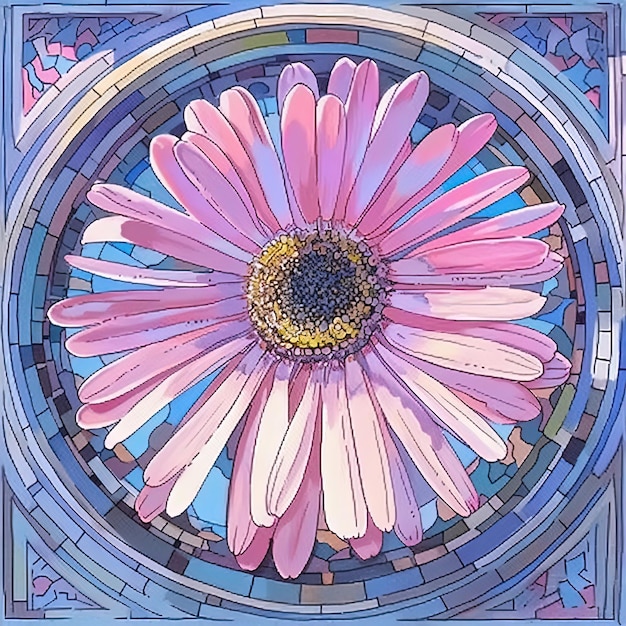 Foto dipinto di un fiore rosa in una vetrata con un bordo blu