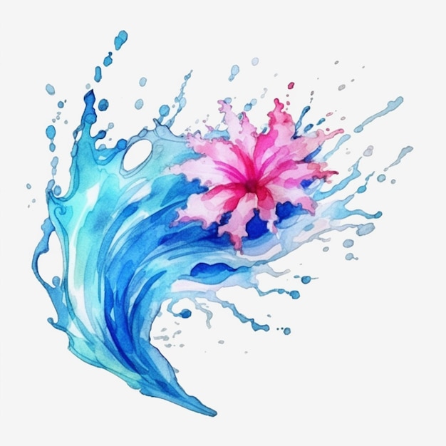 Photo painting of a pink flower with blue water splashes on a white background generative ai