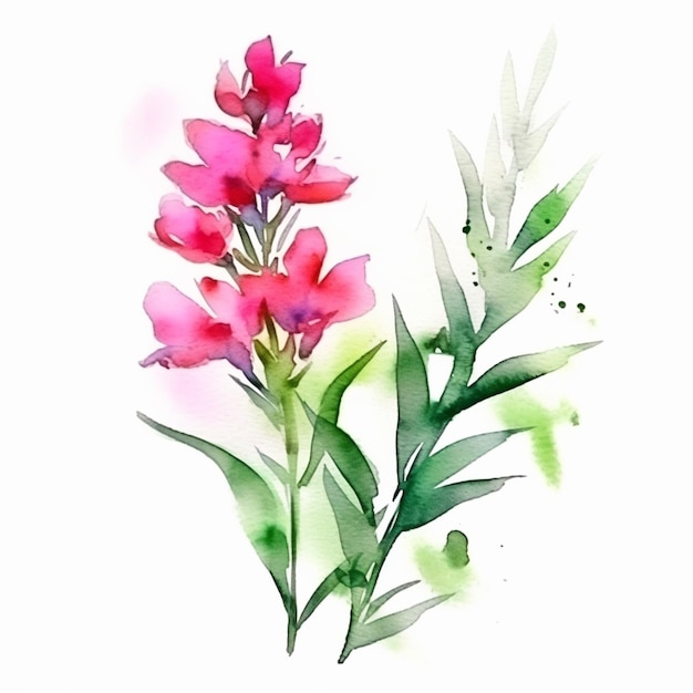 Painting of a pink flower with green leaves on a white background generative ai