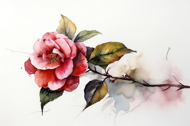 A painting of a pink flower with leaves on a branch.