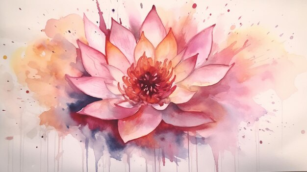 Painting of a pink flower with watercolor splashs on it generative ai