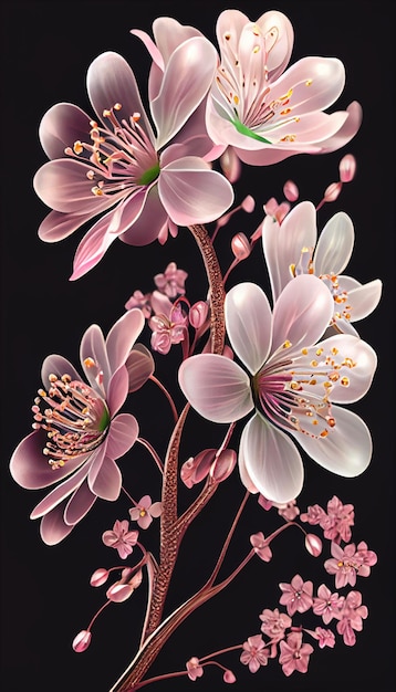 Painting of pink flowers on a black background generative ai