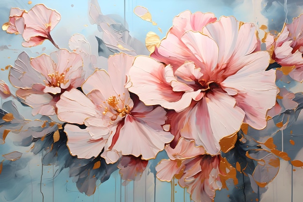 a painting of pink flowers on a blue background Gouache Painting of a Turquoise color flower