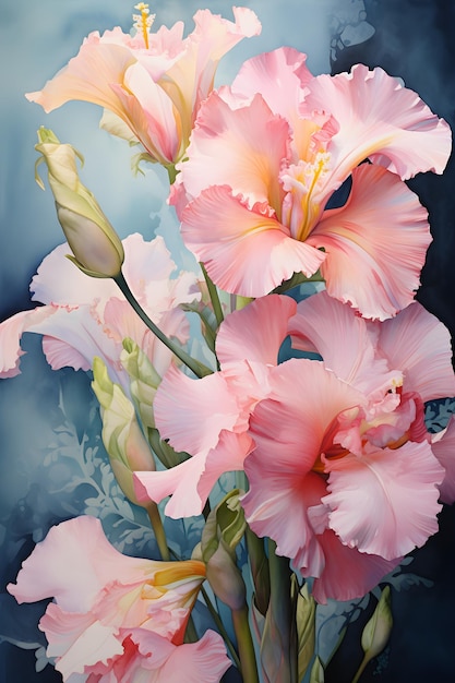 a painting of pink flowers on a blue background Watercolor Painting of a Pink color flower Perfect