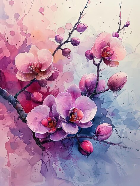 A painting of pink flowers on a branch