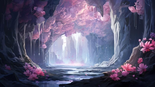 Painting of pink flowers and butterflies in a cave