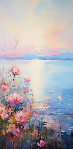 Foto un dipinto di fiori rosa vicino al lago
