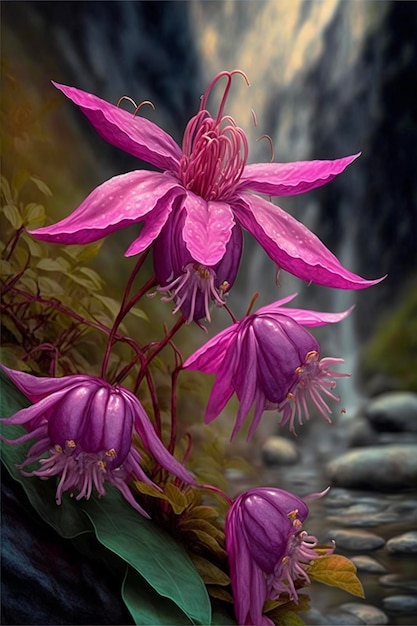 Painting of pink flowers in front of a waterfall generative ai