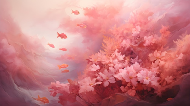 картина розовые цветы и золотая рыбка Картина маслом картина кораллового рифа