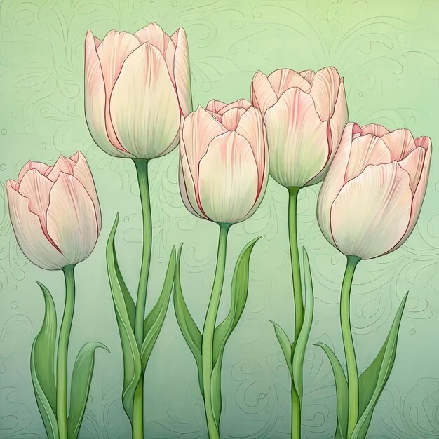 a painting of pink flowers on a green background