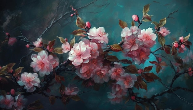 Картина с розовыми цветами на ветвях деревьев Generative Ai
