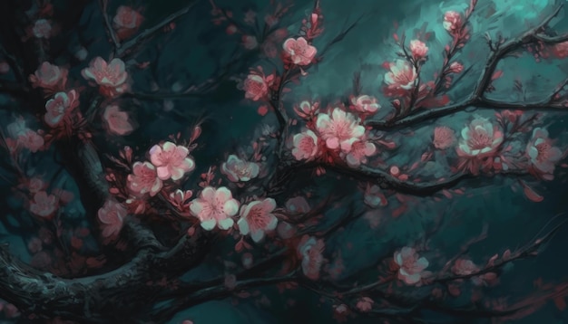 A painting of pink flowers on tree branches Generative Ai