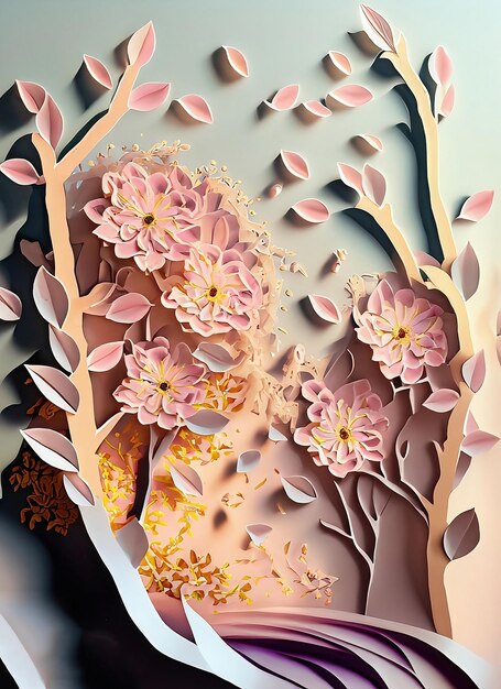 A painting of pink flowers and trees with a pink background.
