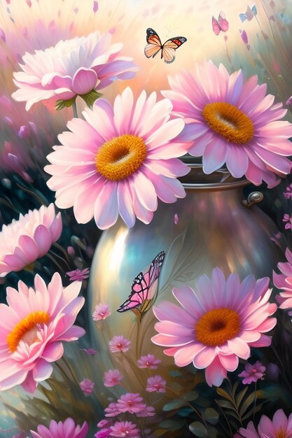 A painting of pink flowers with a butterfly