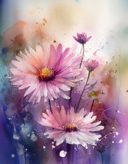 A painting of pink flowers with a purple background