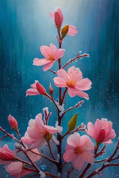 A painting of pink flowers with snow on the branches