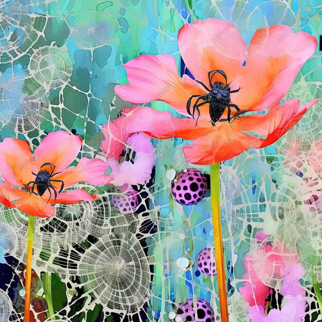 Foto un dipinto di fiori rosa con un ragno su di loro