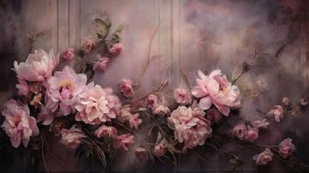 A painting of pink flowers with the word love on it