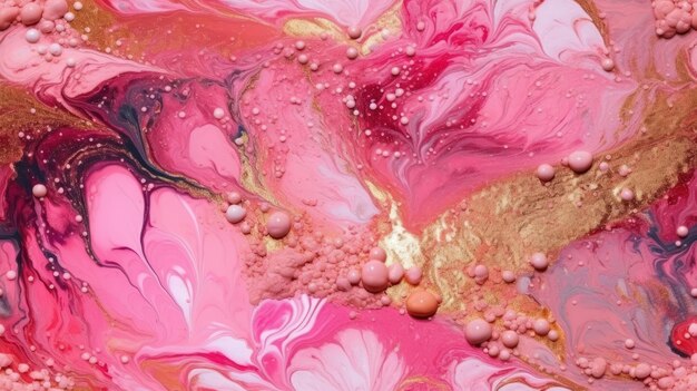 A painting of pink and gold paint with a pink background.