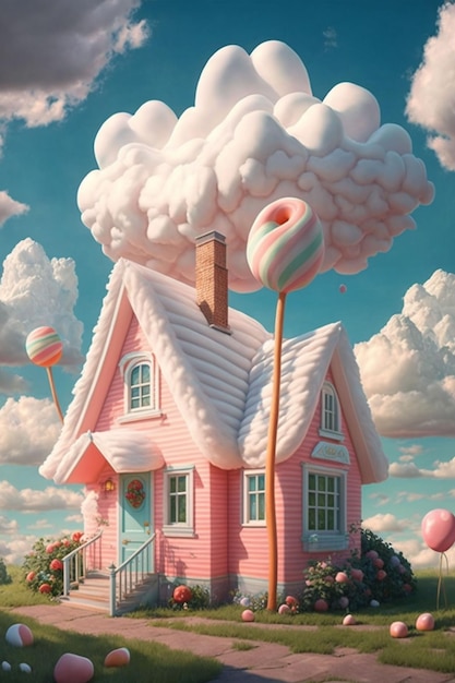 A painting of a pink house with a cloudy sky in the background.