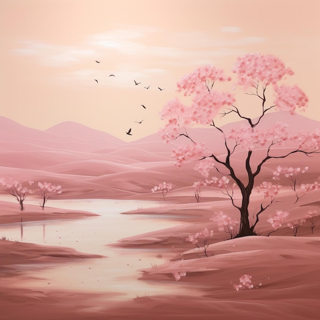 painting of a pink landscape with a river and a tree generative ai