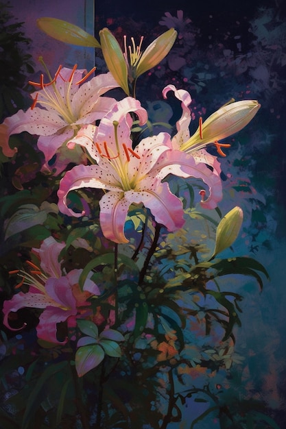 A painting of pink lilies with the words lily on the bottom.