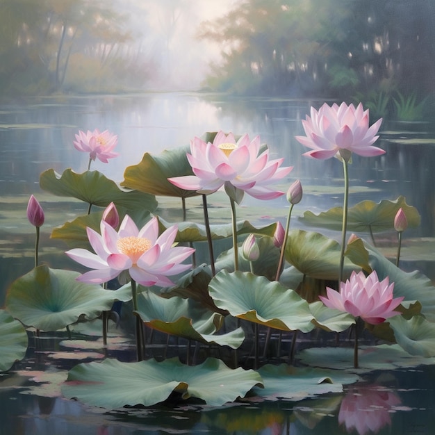 Painting of pink lotus flowers in a pond with green leaves generative ai