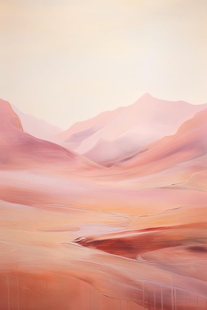 a painting of a pink mountain landscape with a pink and brown mountain in the background