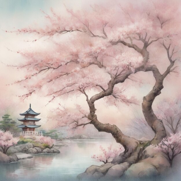 Photo a painting of a pink pagoda with a pink tree in the background