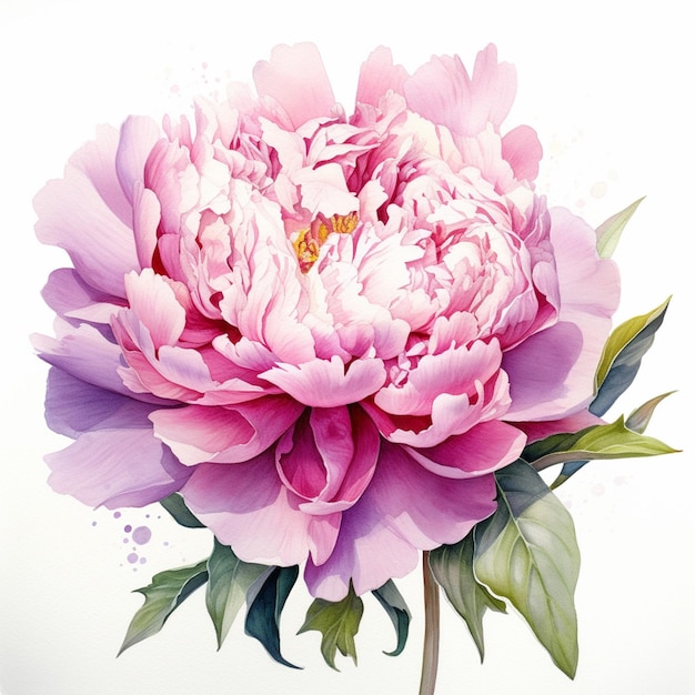 A painting of a pink peony with a green stem and leaves.