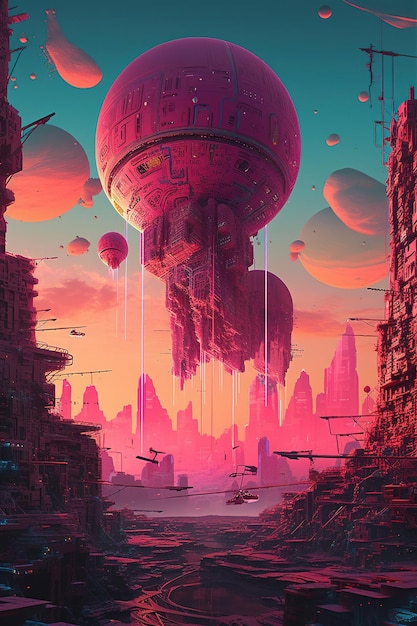 A painting of a pink planet with a pink balloon in the middle of it.