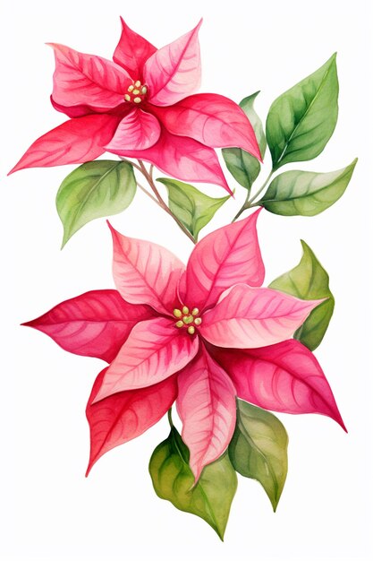 초록색 잎 을 가진 분홍색 포인세티아 꽃 의 그림