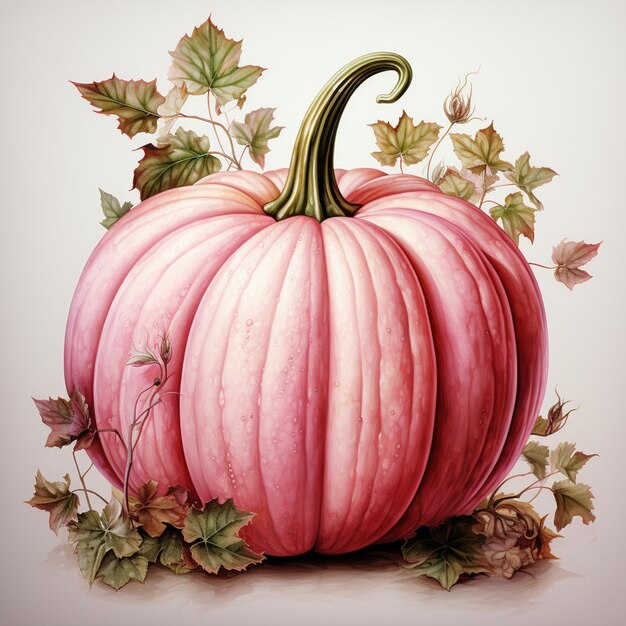 Photo painting of a pink pumpkin with leaves and vines on a white background generative ai