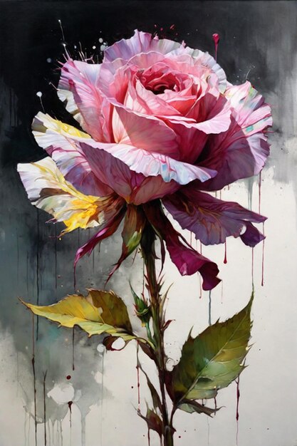 Painting of a pink rose with a dripping stem and leaves